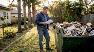 Man reviewing skip bin hire beside filled skip