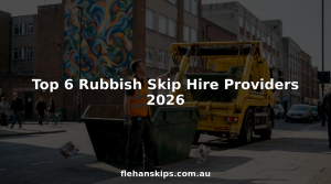 Worker guiding skip hire truck loading rubbish bin